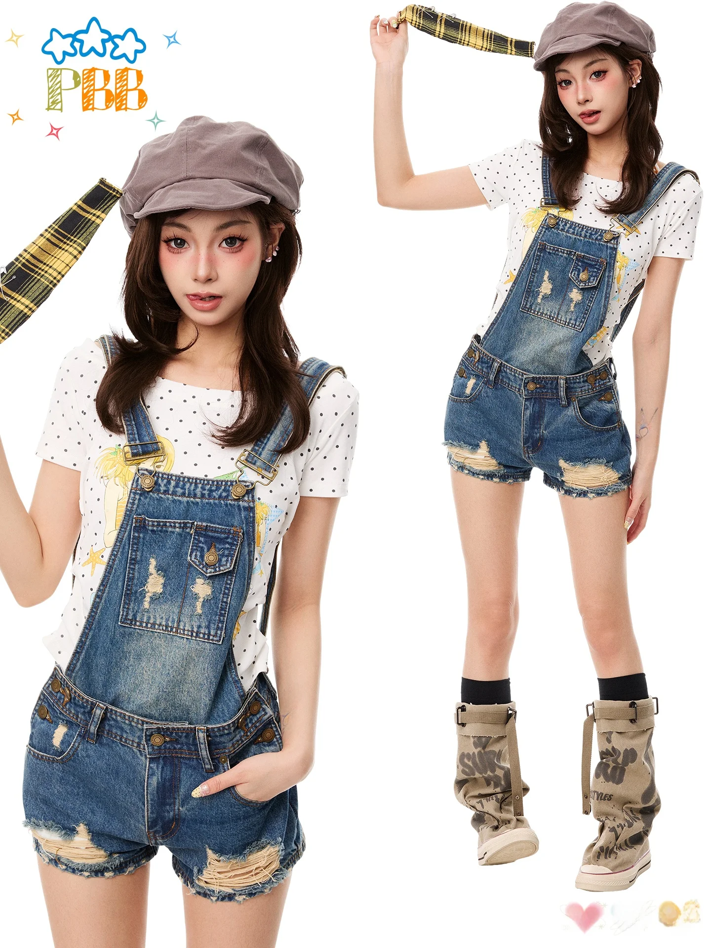 PBB American Retro Distressed Denim Overalls Women Loose Age-reducing Sweet And Spicy Straight-leg Short Pants Street Style