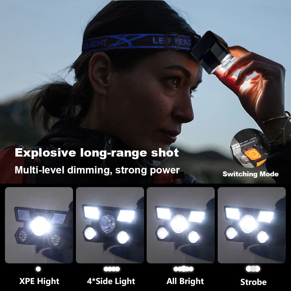 USB Rechargeable Headlamp Portable 5LED Headlight Built In Battery Torch Portable Working Light Fishing Camping Head Light