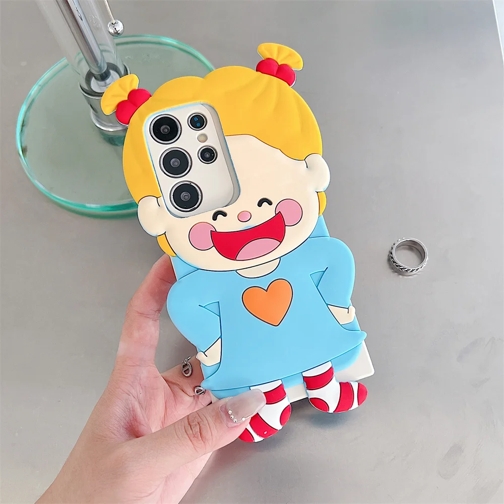 Cute Happy Cartoon Girl Heart Bow Phone Case for S26 Ultra Sweet Soft Silicone Protective Cover for Samsung Galaxy S25 S24 A57