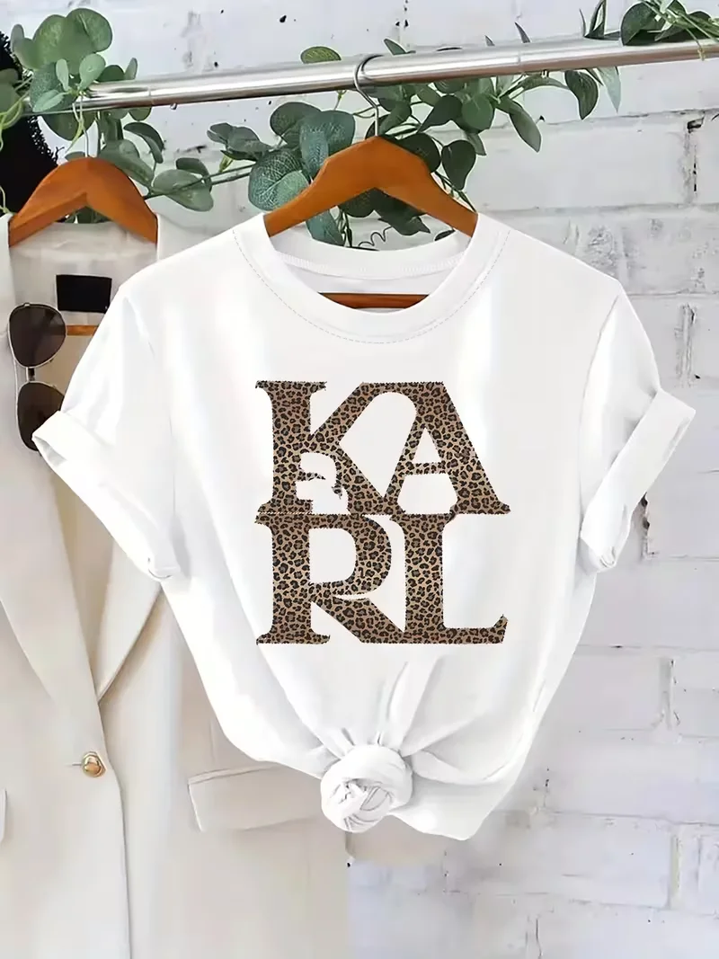 Gold Lips Leopard print T-Shirt for Women, Front & Back Design, Casual Crew Neck Short Sleeve, Versatile Daily Top 2D flat view 2
