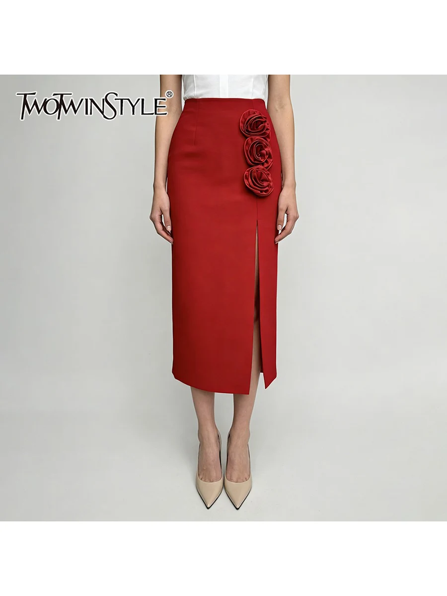 

TWOTWINSTYLE Solid Slimming Spliced 3D Flower Elegant Skirts for Women High Waist Split Fashion Long Skirt Female Clothing New