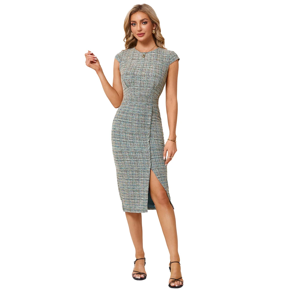 

Jasambac Women Vintage Retro Dress Wrap Hem Tweed OL Cap Sleeve Crew Neck Bodycon Hips-wrapped Slim Office Lady Fashion Dresses