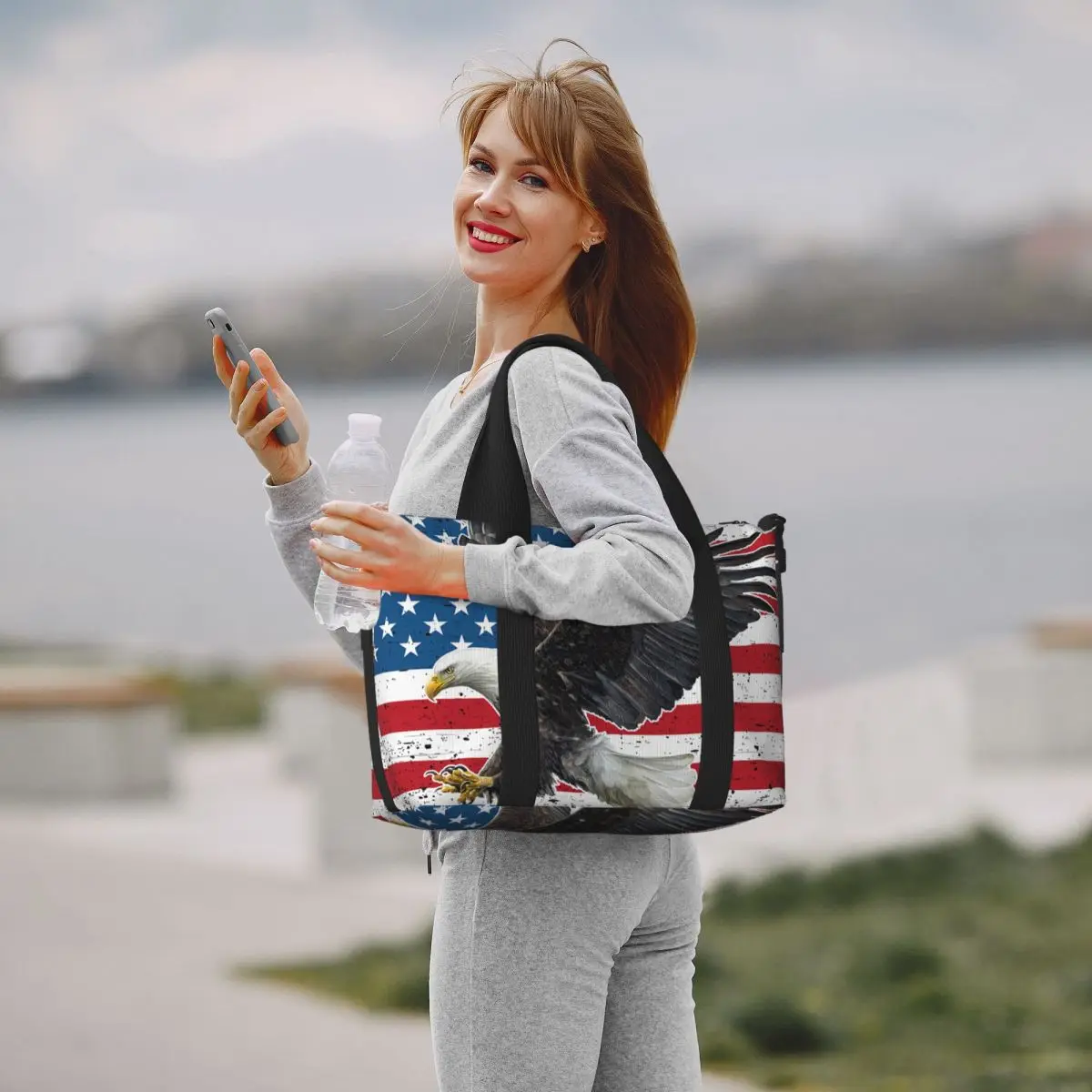 Custom Large Bald Eagle American Flag Tote Bag for Women USA Patriotic Shopping Shoulder Gym Beach Travel Bag