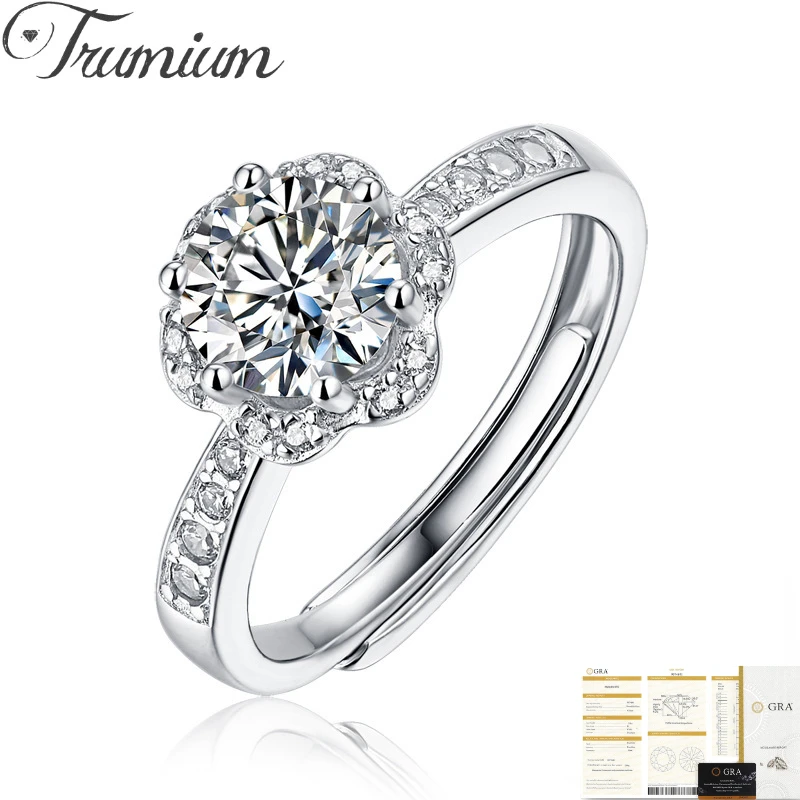 Trumium 1CT VVS Moissanite Ring Flower Shape 925 Sterling Silver Rings for Women Adjustable Wedding Bands with Certificate