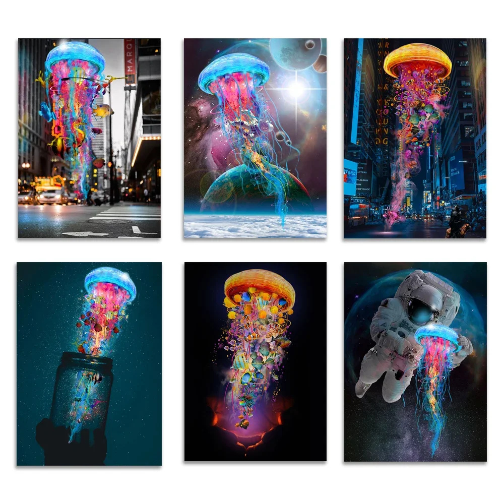 

Beautiful Sea Life Colorful Jellyfish Art Canvas Painting Space Jellyfish Poster Creative Wall Art Picture Home Decor
