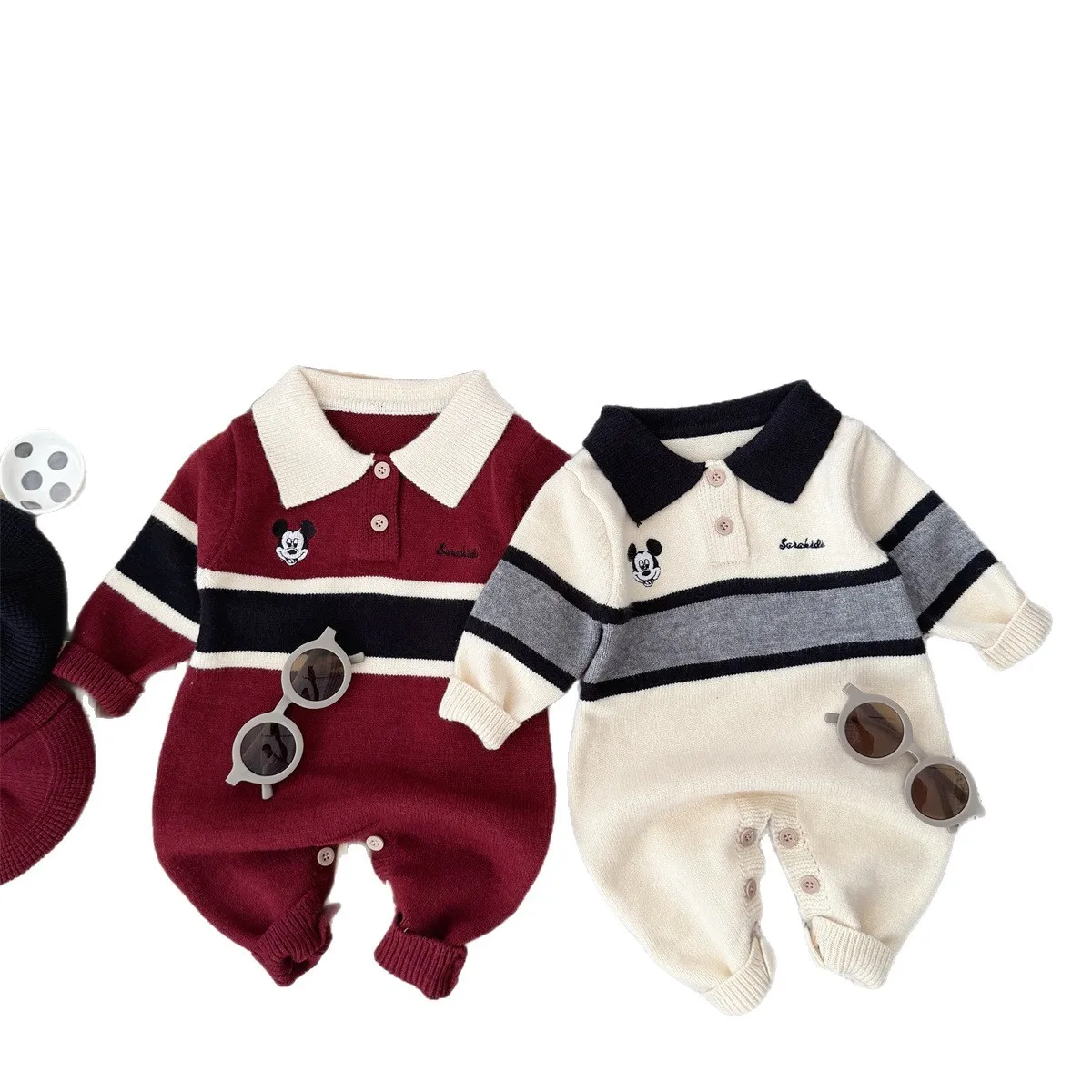 

Winter Soft Knitting Baby boys Rompers Mickey embroidery Outfits 0-12M Knitted Acrylic Newborn Baby Bodysuit Jumpsuit