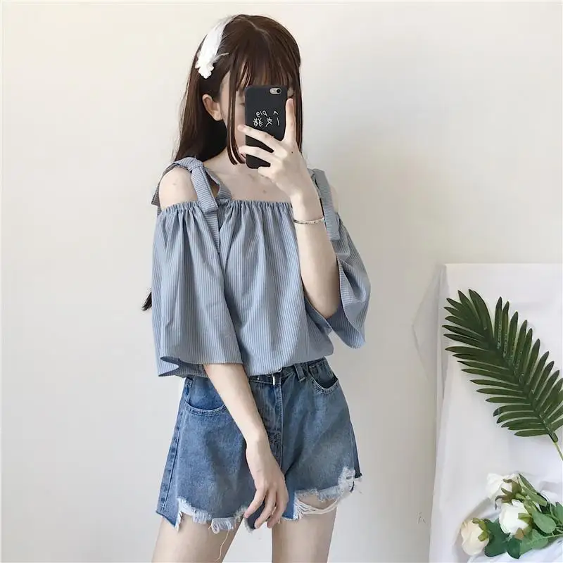 Sweet Off Shoulder Striped Shirts Summer New Short Sleeve Loose Hollow Out Lacing T Shirt Tops Fashion Korean Women Clothing