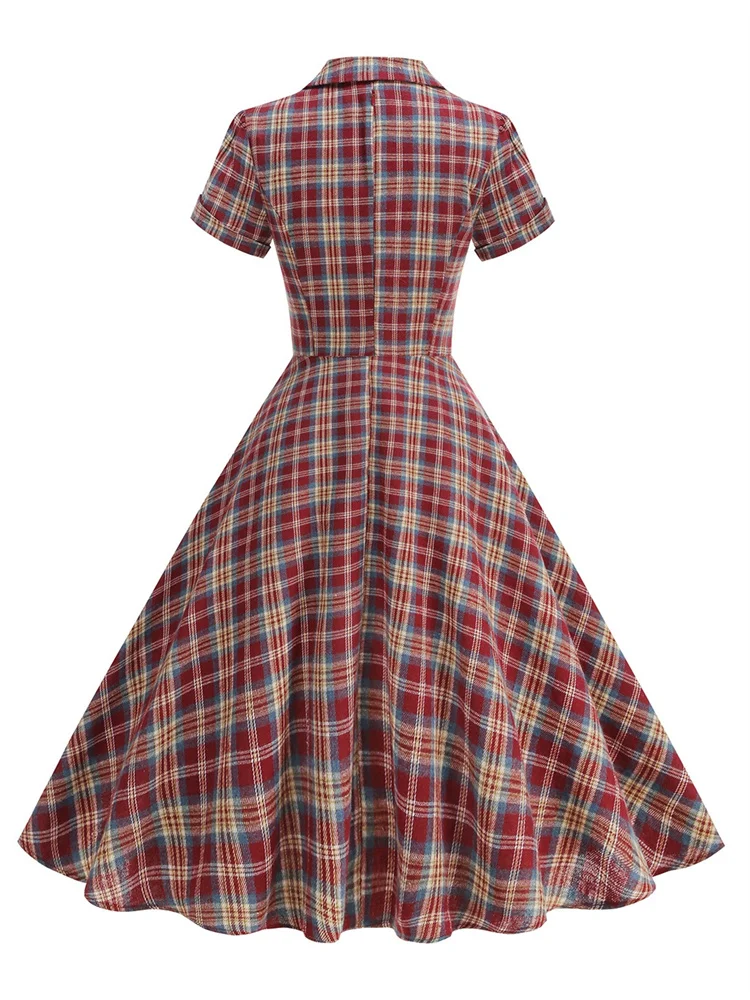 Sukienka midi w stylu angielskim z nadrukiem w kratę, vintage, retro, elegancka, codzienna, z krótkim rękawem, tunika koszulowa, sukienka wieczorowa z wybiegu, jesień 2025.