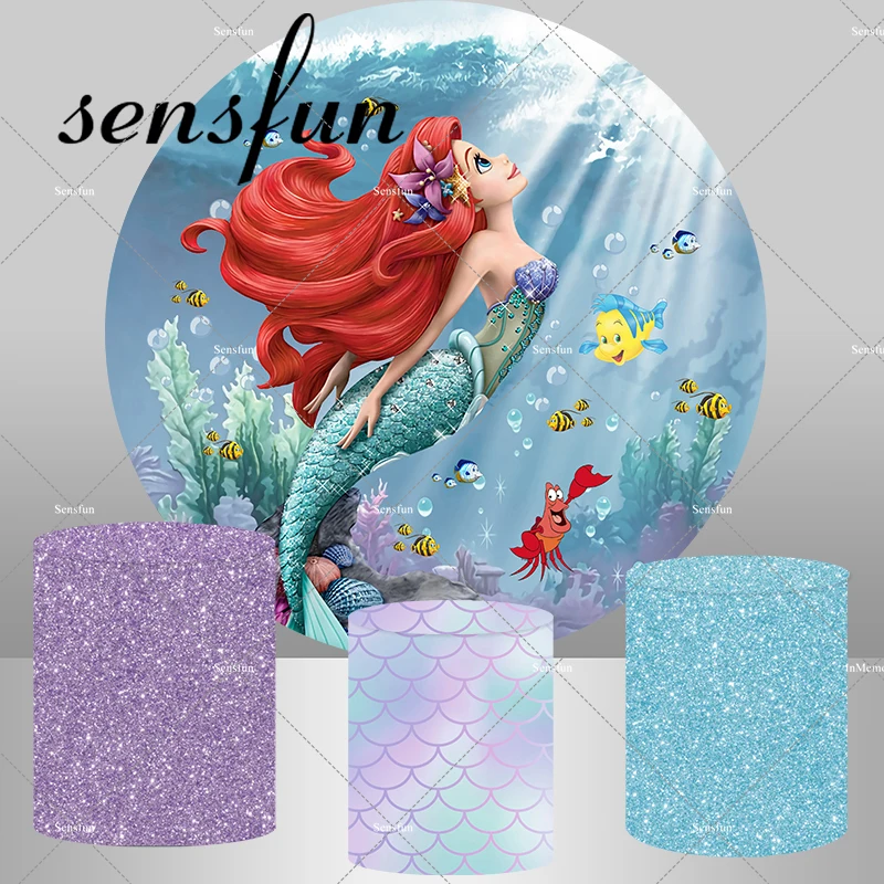 

Under The Sea Little Mermaid Ariel Round Backdrop Princess Girls Baby Shower Birthday Party Background Glitter Plinth Covers