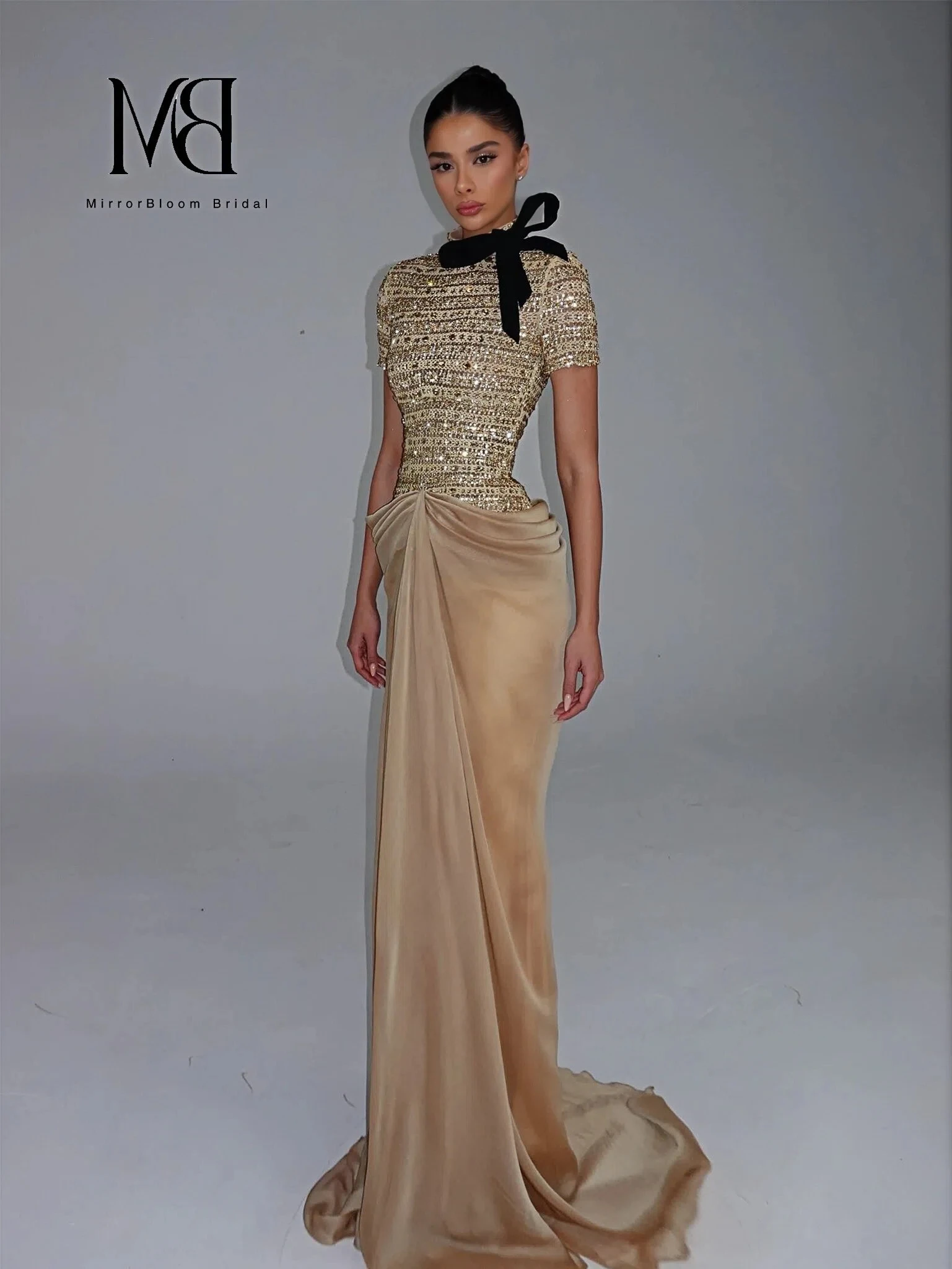Elegant Champagne High Neck Sequin Bow Satin Draped Formal Dress Prom Gown Evening Dresses Floor Length Pleated Customized image 3