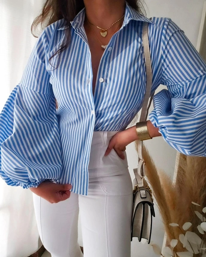 

Women Striped Print Lapel Lantern Sleeves Shirt Women's Blouses Trend 2025 Women's Fashionable Casual Commuting Top