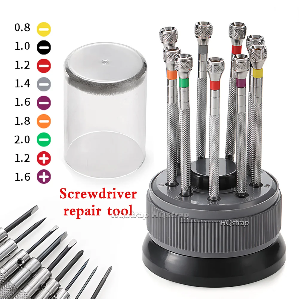 Ensemble de 9 tournevis pour la réparation de montres avec base rotative en acier, tournevis en acier de 0,8 à 2,0 mm, accessoires de réparation de lunettes avec boîte