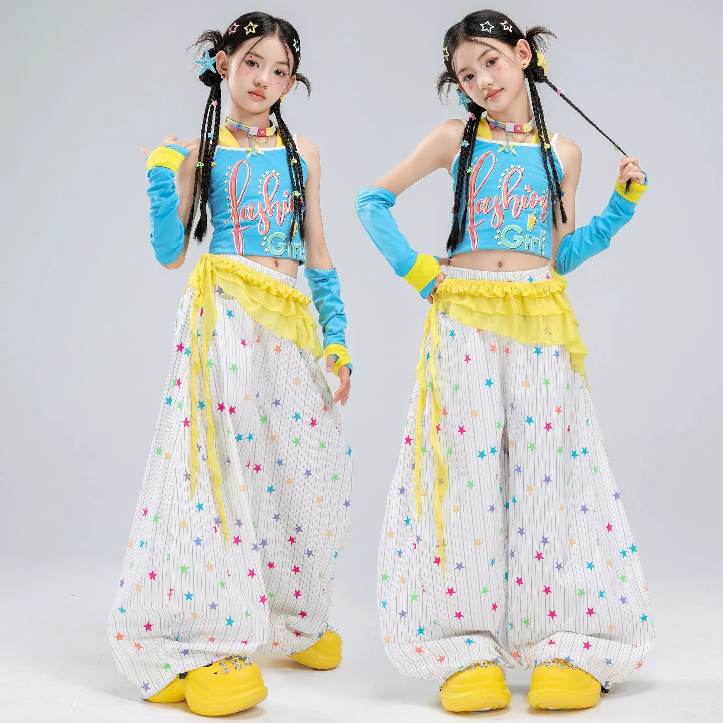 Girls K-pop Blue halter Crop Top Joggers Pants Child Streetwear Girl Group Costume Kids Hip Hop Jazz Street Dance Clothes Set