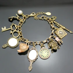 Vintage Wonderland Mirror Charms Beads Link Chain Crystal Bangle Bracelets For Women Pulseira Masculina Jewelry Accessories Gift