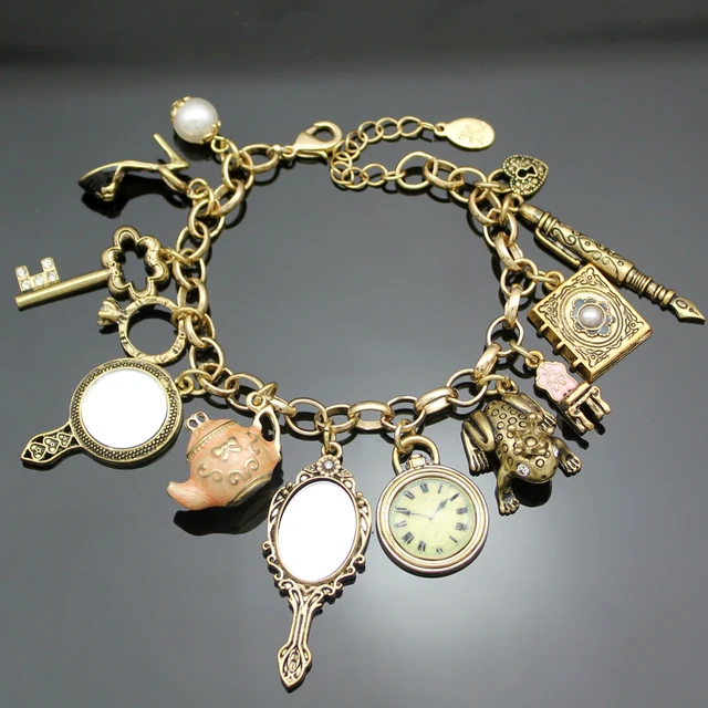 Vintage Wonderland Mirror Charms Beads Link Chain Crystal Bangle Bransoletki dla kobiet Pulseira Masculina Biżuteria Akcesoria Prezent