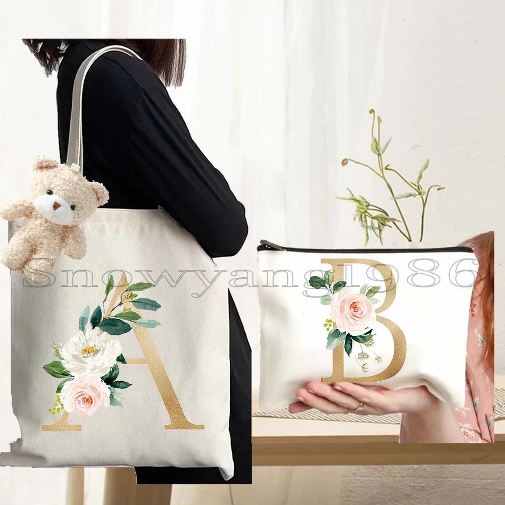 Juego de 3 Bolsas de Lona con Monograma, Letras Florales Doradas, Iniciales de la A a la Z, Regalos de Cumpleaños para Niñas, Maestras, Bolsa de Mano Femenina