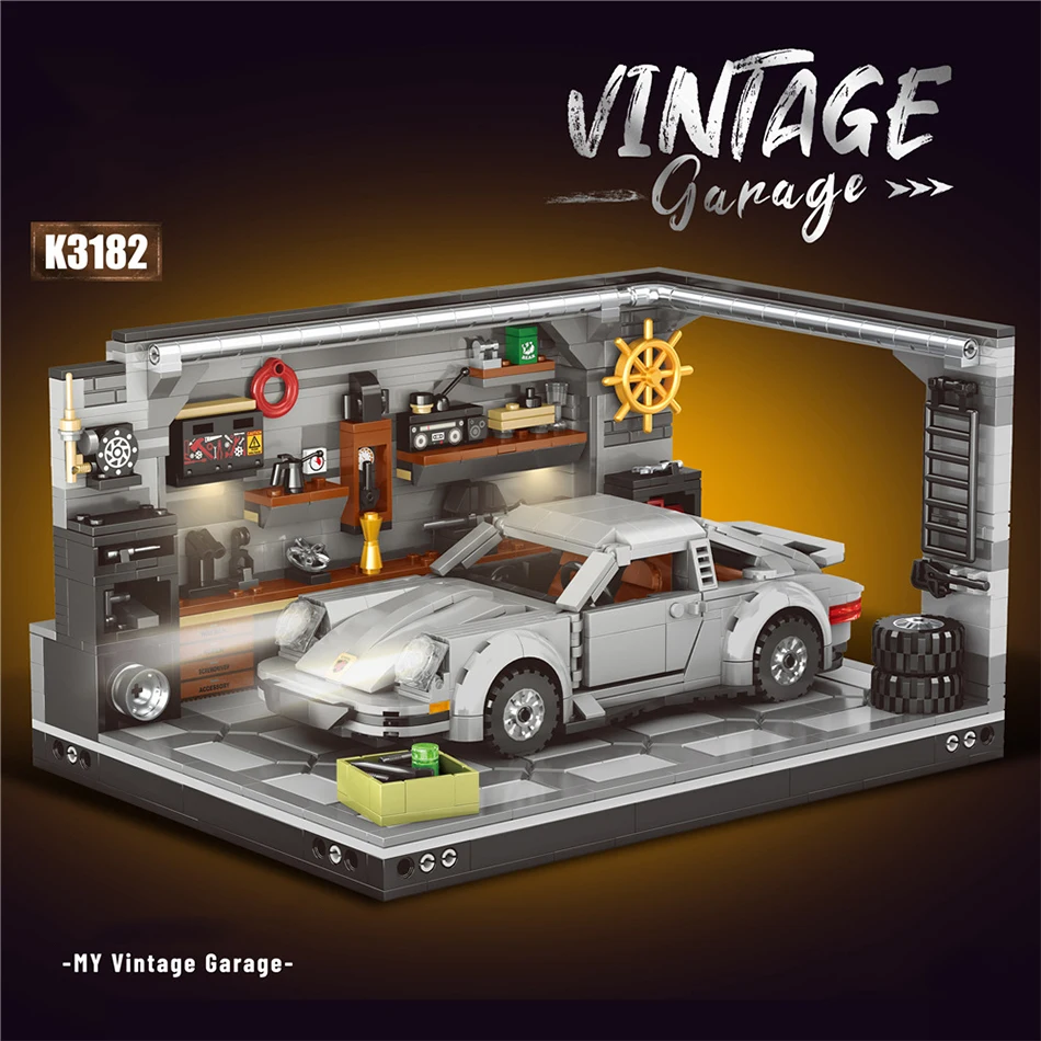 

MOC Vintage Racing Car Garage Building Blocks Miniature Scene Educational Assembly Toy With Mechanical Tools For Boys Best Gift