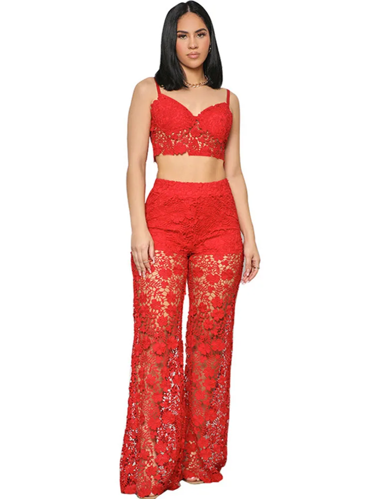 Ensemble 2 pièces en dentelle transparente pour femmes, tenue de soirée, Clubwear, Camis courts et pantalons transparents, tenue moulante pour boîte de nuit