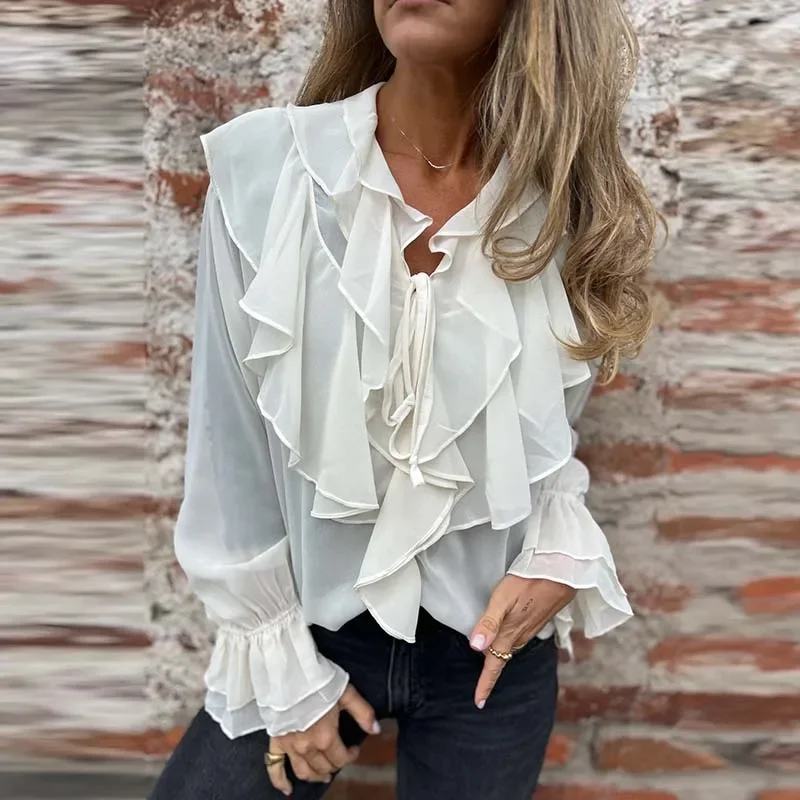 

Early Autumn Ruffled Chiffon Women's Shirt Sexy V Neck Lace Up Long Sleeved Commuter Top Simple Solid Color Loose Pullover Tees