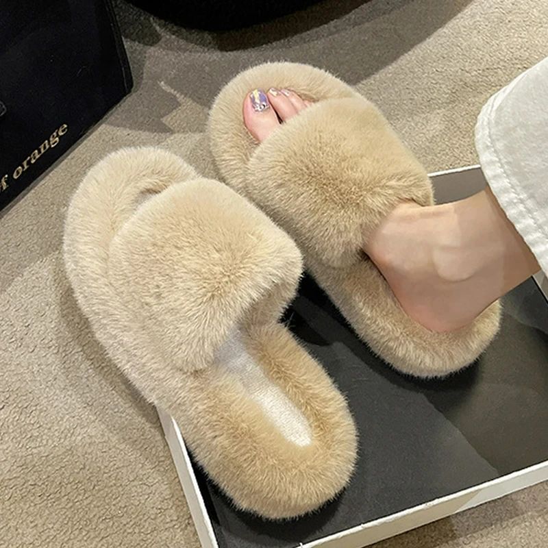 Crestar Women Thicken Plush Fur Slippers Lady Elegant Furry Comfortable Warm Indoor Slippers Thick Bottom Cozy Cotton Slippers