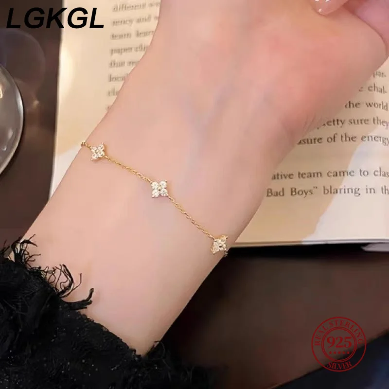 

LGKGL S925 silver plated 18-karat gold four-leaf clover Full Star bracelet Simple zircon sterling silver women's commute