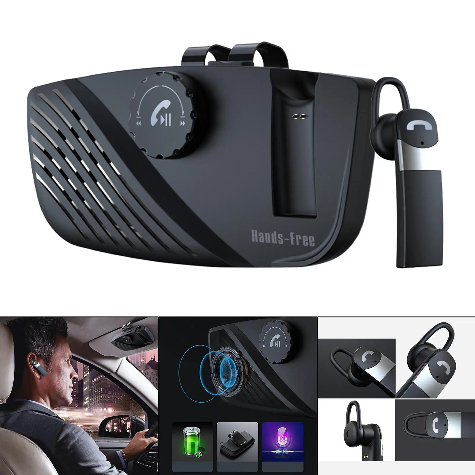 

Car Speakerphone Music Player Back-clip Loud Motion Auto on with Visor Clip Handsfree Talking Kit for