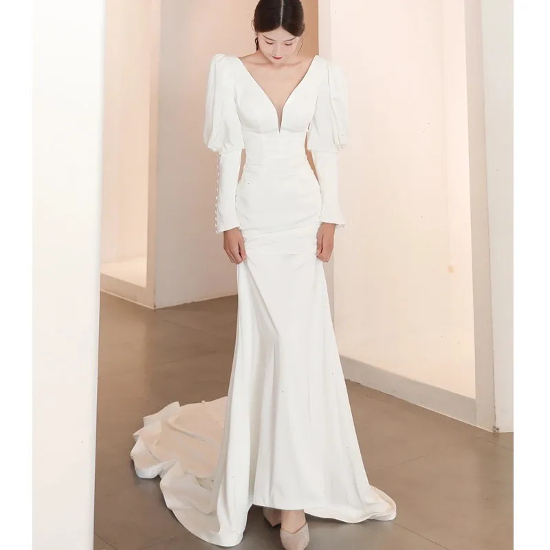 

Customized 2025 Customized Sexy Mermaid Wedding Dress Pricess V-neck Long Puffy Sleeves Bridal Gowns Beach Boho Vestido De Novia