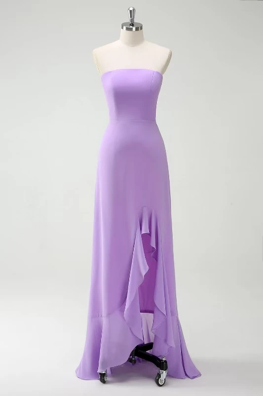 Abito elegante da donna con forcella alta senza maniche viola senza maniche con fiocco senza schienale personalizzato di alta qualità per la festa nuziale
