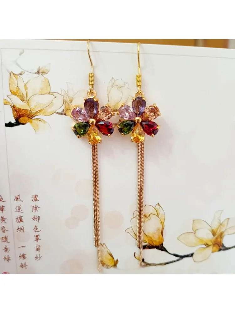 Pendientes de Color H, oro de 18 quilates, circonita, luz de lujo, chapado en oro rosa, flor de cristal, pendientes de gemas de alta gama, temperamento