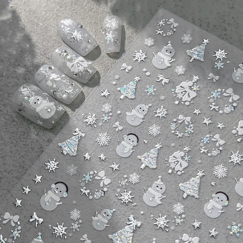 1sheet Silver White Snowman Snowflake Christmas Nail Stickers Laser Shiny Christmas Tree Wreath Nail Decals Winter Manicure Deco