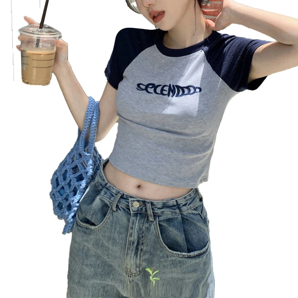 

High Quality Comfortable Womens T-Shirts All Seasons.Casual Blue Crew Neck Design Microelasticity Short Sleeves