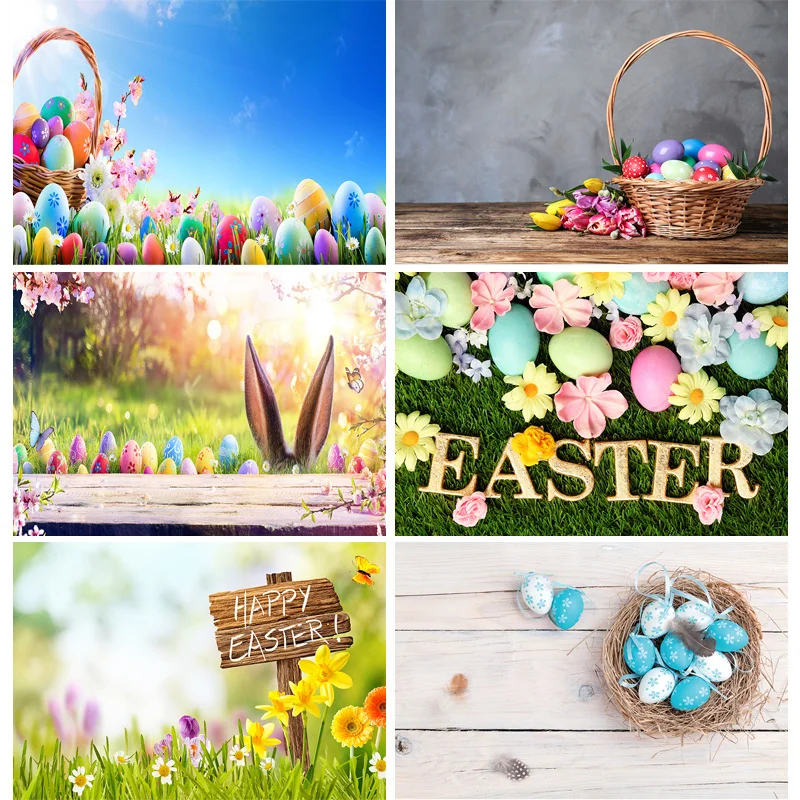 

Vinyl Custom Green Spring Easter Day Photography Backdrops Props Hare Rabbits Colorful Eggs Wood Photo Studio Background FJ-01