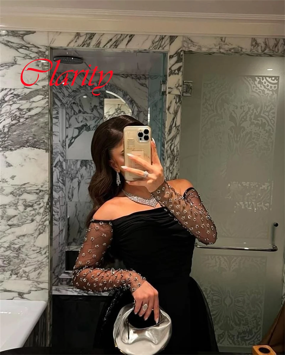 Customized Delicate Black Jersey Evening Dress Exquisite Strapless Off the Shoulder Long Sleeves Zipper Back Homecoming Dress
