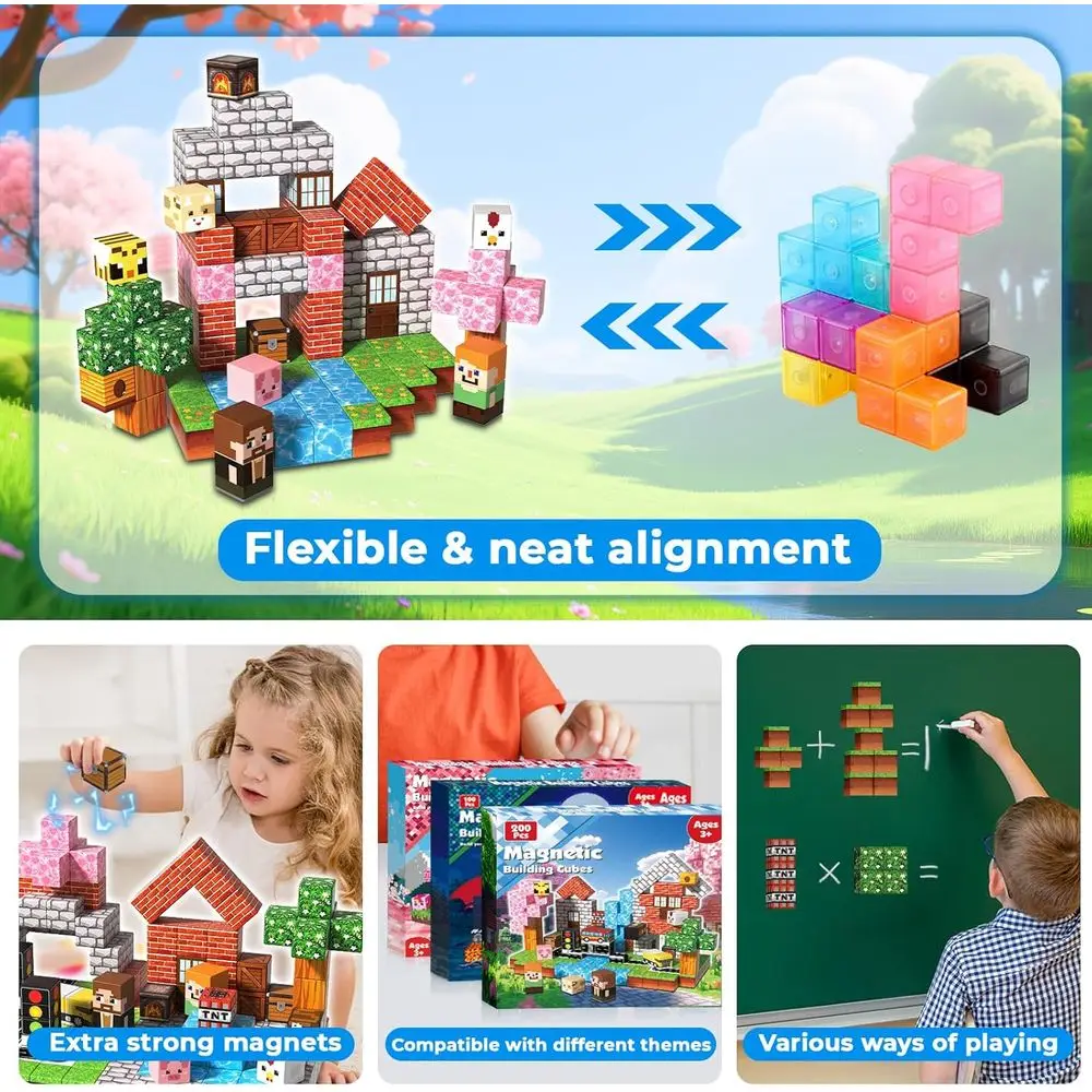 مكعبات بناء مغناطيسية بموضوع الغابة مقاس 0.8 بوصة - 200 قطعة ألعاب جذعية للأطفال، مثالية للأعمار من 3 سنوات فما فوق، رائعة للمدرسة وهدية عيد الميلاد