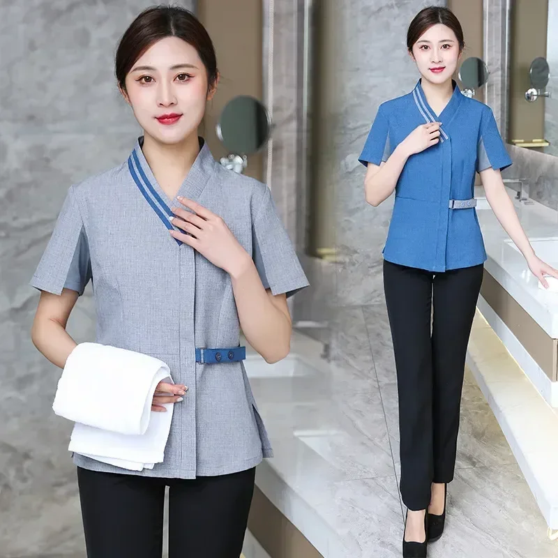 Manga de verano servicio propiedad uniforme trabajo fino corto tía mujer limpieza transpirable la ropa de limpieza