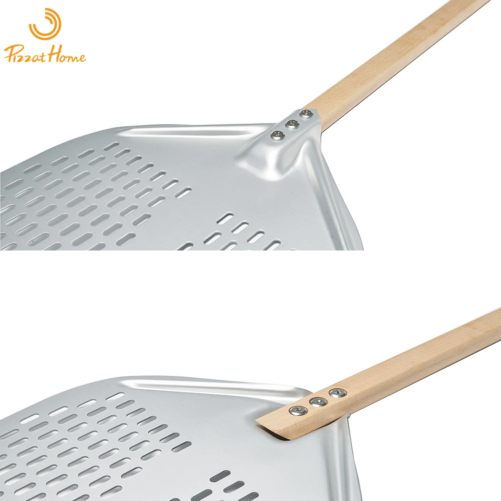 Pizzathome Anodized Pizza Peel Perforated Pizza Turning Peel with Wood Handle Pizza Shovel or Anodized Short Pizza Spatulas