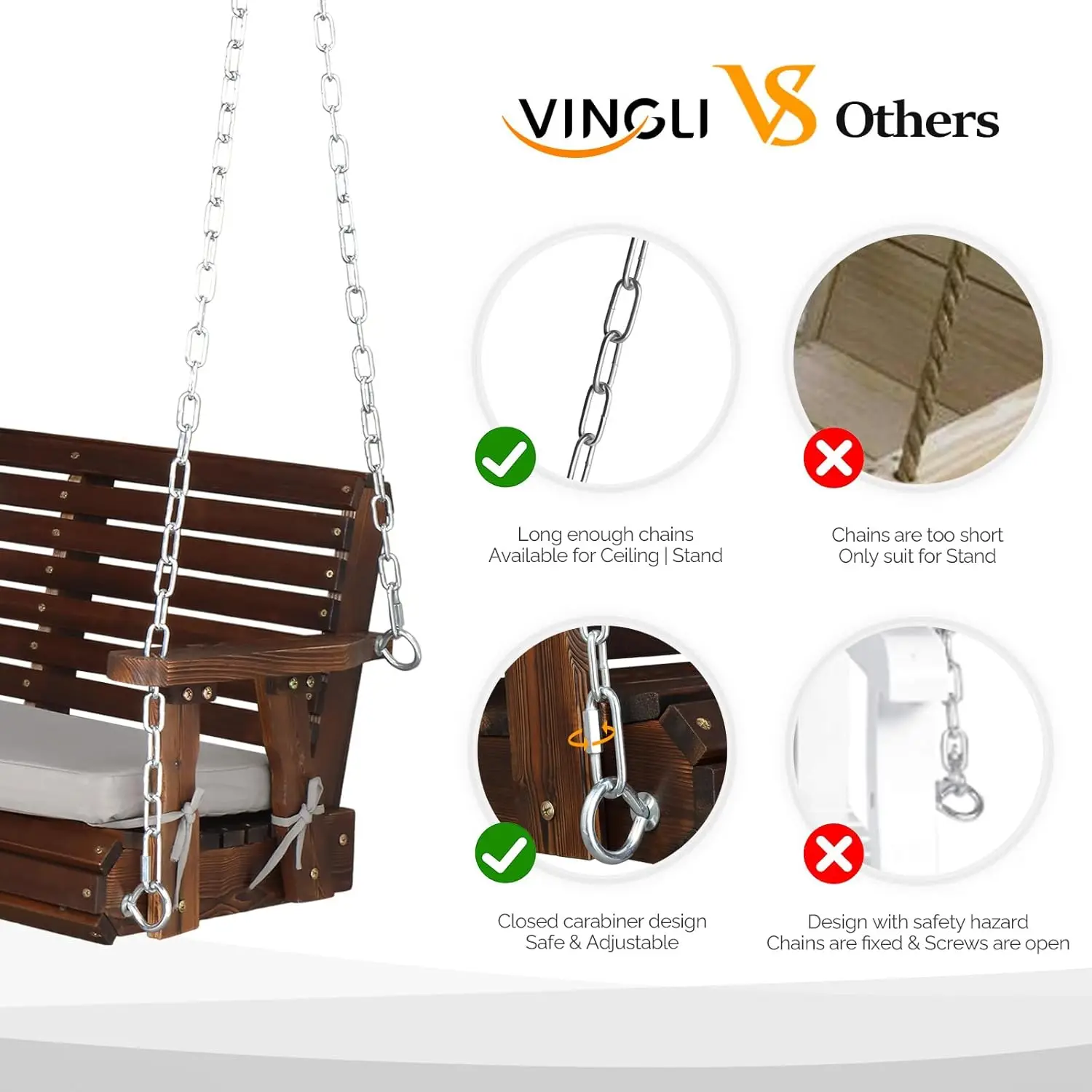 VINGLI Heavy Duty 880 LBS Patio Wooden Porch Swing Outdoor with Extra Cushion, Farmhouse Hanging Bench Tree Swing with