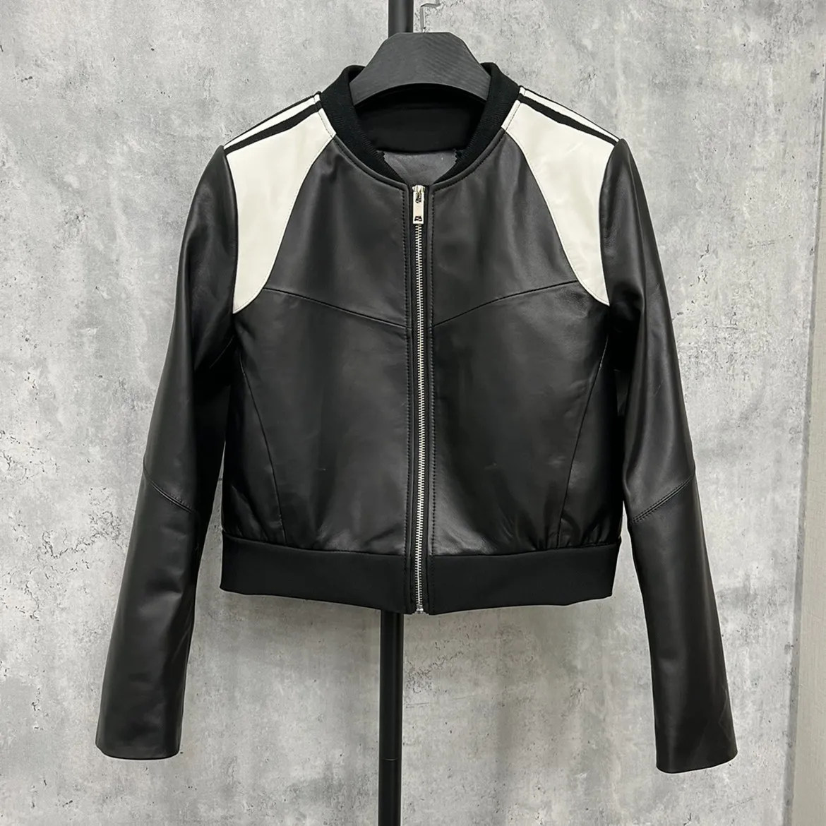 2023 Genuine leather Women Sheepskin White Black Splicing Real Leather Jacket Spring Autumn New Outerwear Streetwear