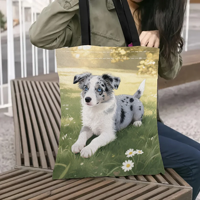 1pc Tote Bag with 2D Flat Effect, Featuring a Fresh and Pastoral Style with a Meadow Daisy, Meteorite Edge, and Shepherd Puppy A