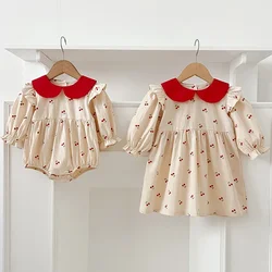 Sisters Clothes Infant Baby Girls Ruffled Dress Rompers Sisters Baby Girls Cherry Print Princess Dress Family Clothes Rompers