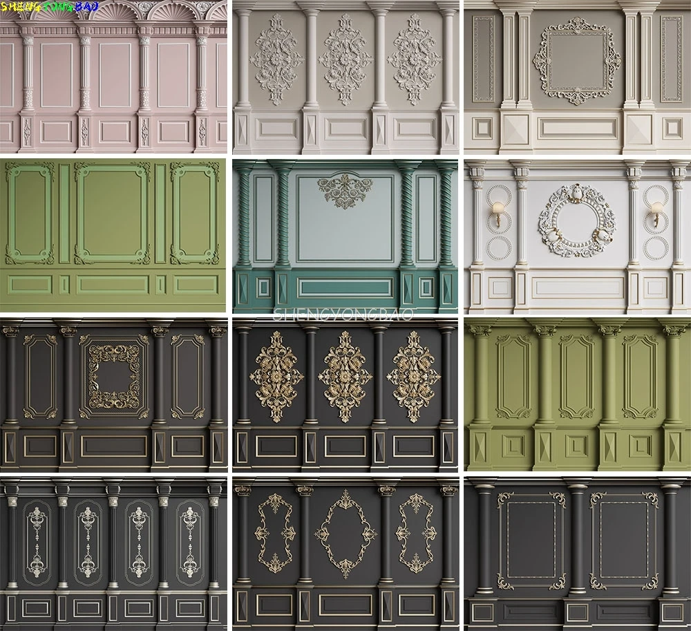 

Luxury Classic Interior Wall With Mouldings Photography Backdrops European Vintage Wood Wedding Photo Studio Background AD-01