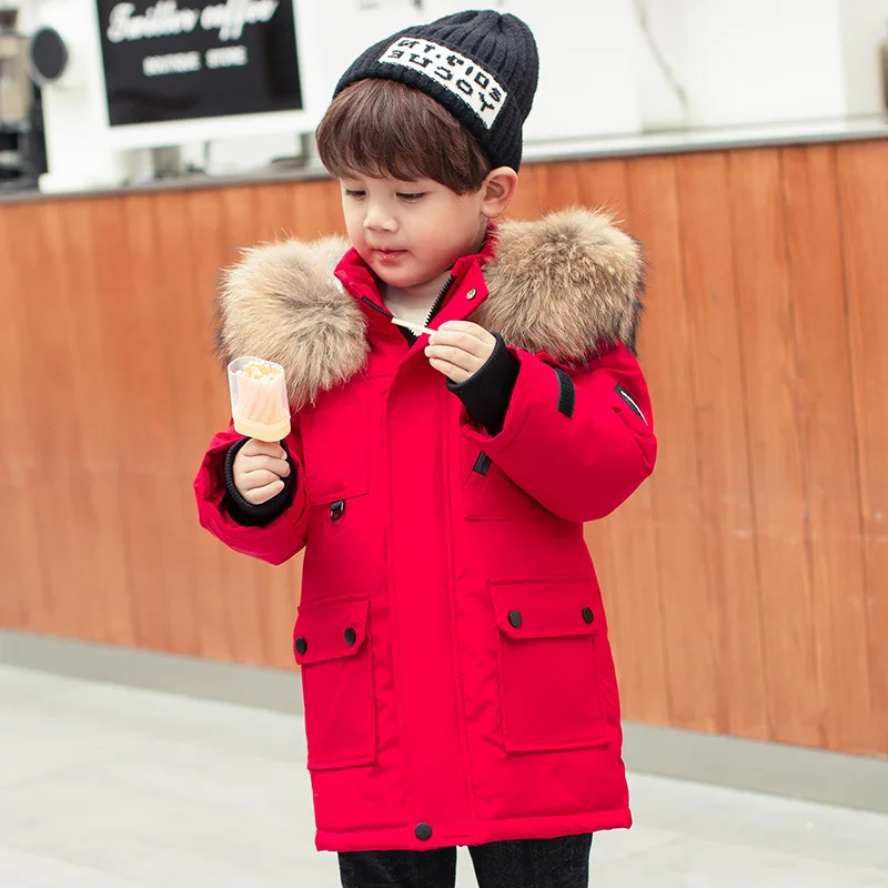 

Kids Boys Down Jackets Outerwear Large Fur Collar Pockets Mid-Long Fashion Parkas 2022 New Thick Warm Children Winter Coat