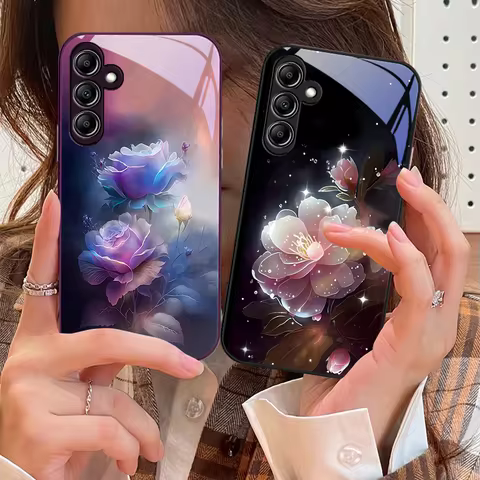 Glass Phone Case for Samsung Galaxy A14 4G 20 30 52 20S 21S 22 A25 32 33 34 42 50 51 53 54 70 71 72 73 5G Ink Mountain Camellia