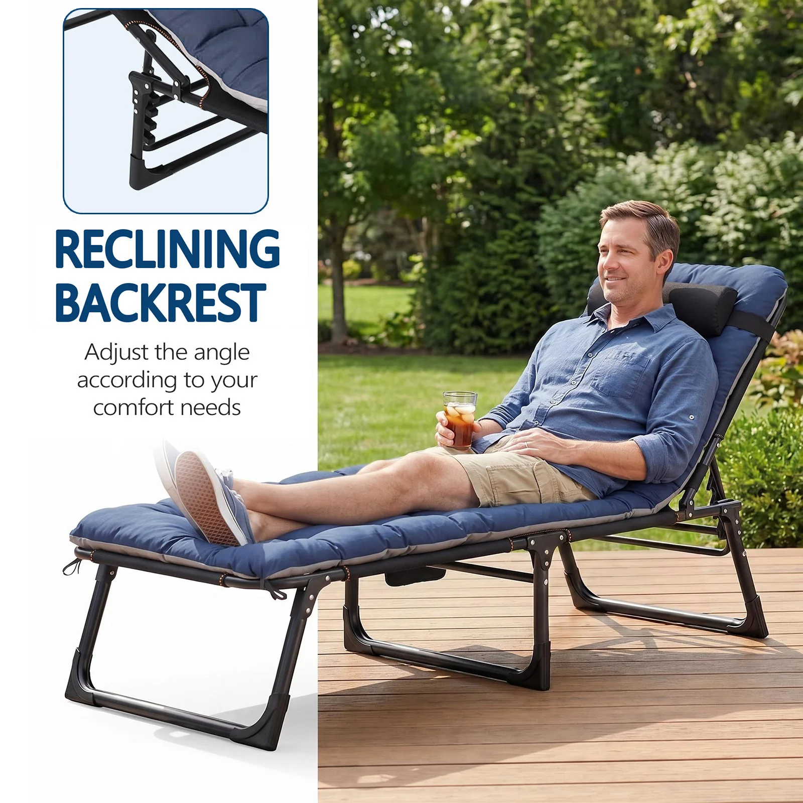 Robuste, zusammenklappbare Campingliege für Erwachsene mit dicker, gepolsterter Matratze, 8-beinigem Eisenrahmen, tragbarem, dreifach zusammenklappbarem Outdoor-Bett – 200 cm, Blau & Grau