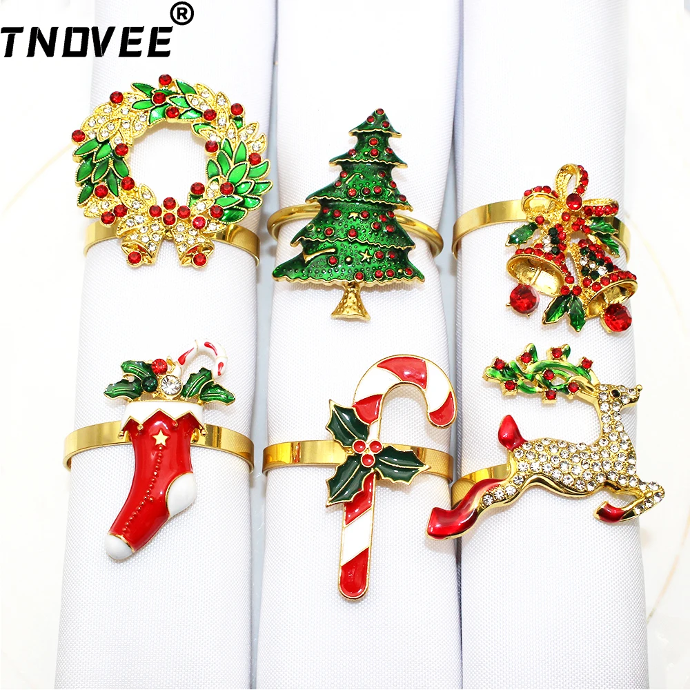 12Pcs Gold Christmas Napkin Rings Rhinestone Wreath Deer Socks Bell Tree Candy Cane Napkin Holder for Xmas Wedding Party Decor