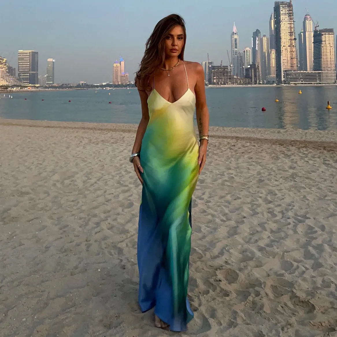 Fashion Women Summer Backless Dye Tie Elegant Party Dresses Holiday Outfits Sexy Satin Print Maxi Bodycon Beach Dress