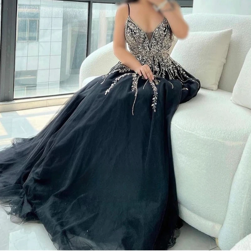 AN36 Customized Black Beading Evening Dresses V Neck Crystal A Line Floor Length Women Formal Special Occasion Dress Party Prom