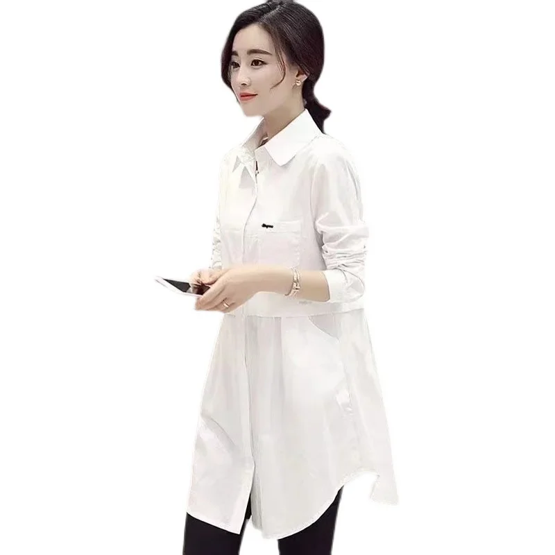 All-match Button Solid Midi Shirt Female 2023 Spring Autumn New Korean Fashion Spliced Loose Long Sleeve Polo-Neck Blouse