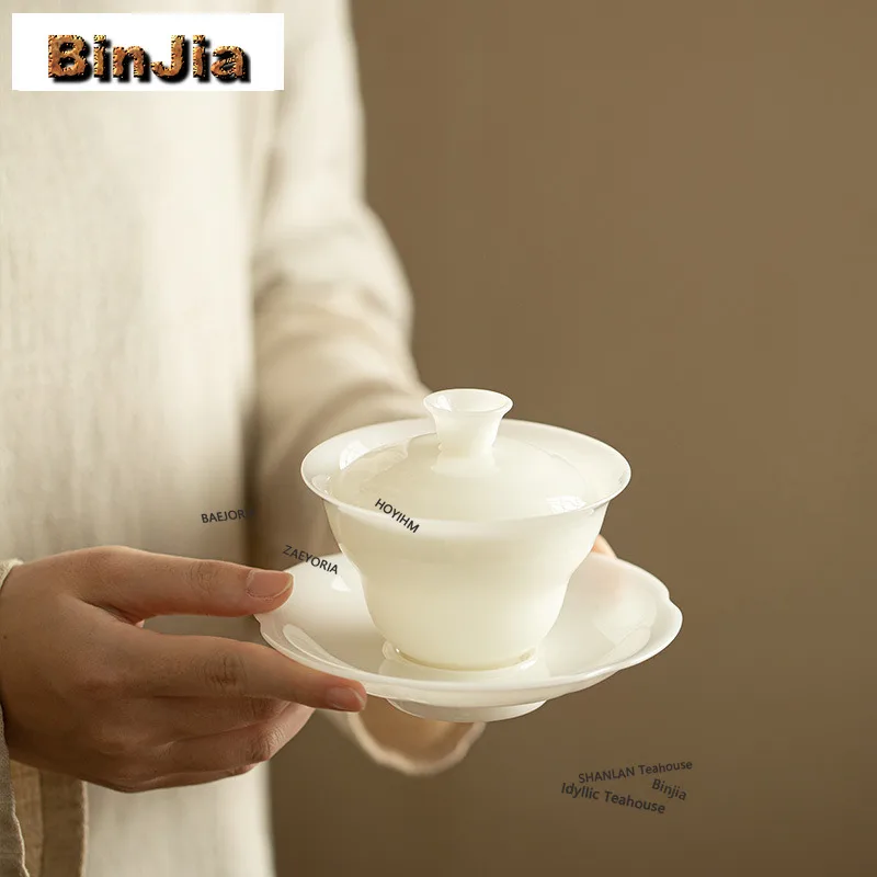 BAEJORIA 140ml Sheep Fat Jade Icy Gaiwan Aesthetic Tea Tureen Tea Bowl With Lid Kit Tea Making Cover Bowl Cafes Accessories Gift