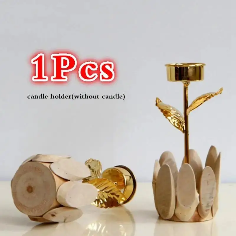 Candelabro metálico dorado con base de madera – Portavelas decorativo para bodas